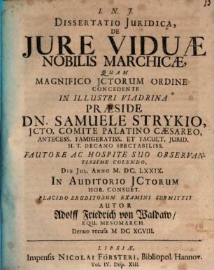 Dissertatio juridica, De jure viduae nobilis Marchicae