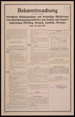 "Bekanntmachung Nr. Mc 1/3.17.K.R.A., betreffend Beschlagnahme und freiwillige Ablieferung von Einrichtungsgegenständen aus Kupfer und Kupferlegierungen (Messing, Rotguß, Tombak, Bronze)" (Bst. 1219a. 649.17.IIIa.)