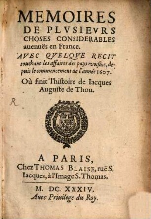 Mémoires de plusieurs choses considerables advenices en France