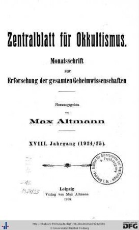 18: Zentralblatt für Okkultismus: Monatsschrift zur Erforschung der gesamten Geheimwissenschaften