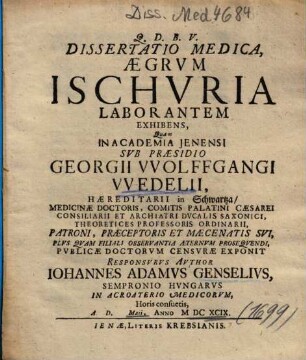 Dissertatio Medica, Aegrvm Ischvria Laborantem Exhibens