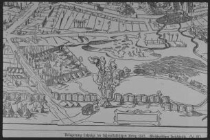 Leipzig. Ausschnitt aus: Belagerung Leipzigs 1547 mit brennender Bockmühle, aus: Heimatgeschichte für Leipzig, 1927