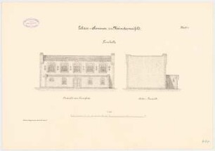 Lehrerseminar, Münstermaifeld: Turnhalle: Aufriss Vorderansicht, Seitenansicht 1:100