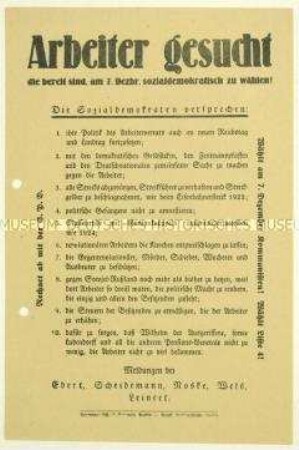 Flugblatt der KPD gegen die SPD und Aufruf zur Reichstagswahl am 7. Dezember 1924