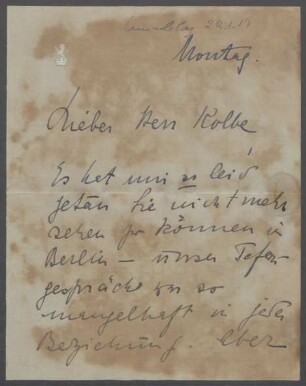 Brief von Margaret von Kühlmann an Georg Kolbe
