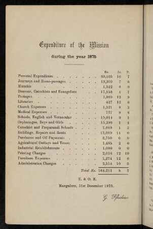 62, Expenditure of the mission