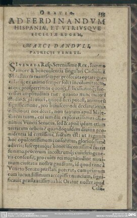 Ad Ferdinandum Hispaniae, Et Utriusque Siciliae Regem. Marci Danduli. Patricii Veneti