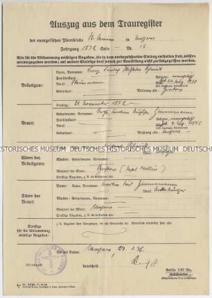 Auszug aus dem Trauregister der St. Marienkirche von Massow in Pommern