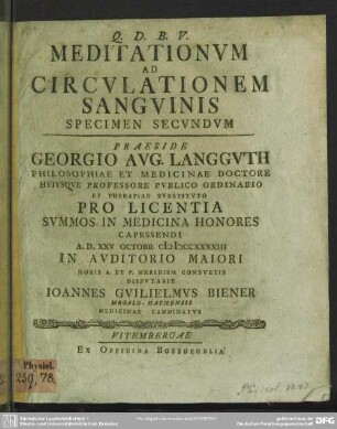 2: Meditationum Ad Circulationem Sanguinis Specimen ...