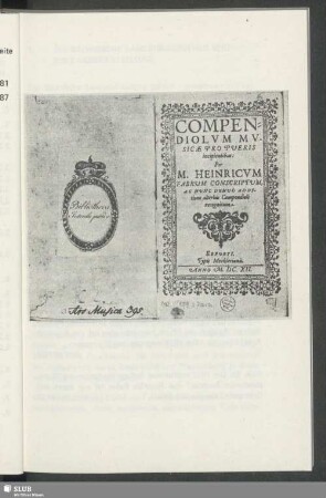 Abb. 1a: das Exlibris der Churfürstlichen Öffentlichen Bibliothek zu Ausgang des 18. Jh. ; Abb. 1b: die 1612 erschienene Auflage des berühmten "Compendiolum musicae" von Heinrich Faber