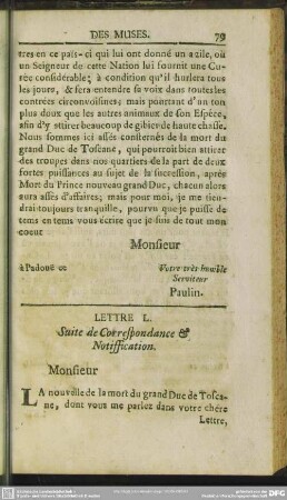 Lettre L. Suite de Correspondance & Notiffication