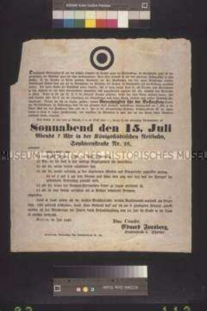 Maueranschlag: Deutschlands Wiedergeburt. Das Komitee ruft zu einer Versammlung über eine Justizreform in der Königstädtischen Reitbahn am 15. Juli auf; Berlin, im Juli 1848