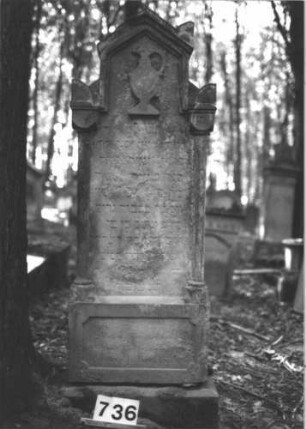 Grabstein 736 (Index: 99900422) Material: Sandstein Zustand: fast völlig verwittert Maße HxBxT: 165x54x20 cm Beschreibung: aufgesockelte Stele mit eingezogenem Dreiecksabschluss, Giebel- und Eckakroterien, im Giebel Levitenkanne, Inschrift von Säulen gerahmt Symbolik: Levitenkanne: Grabstein 736