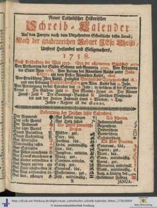 Neuer Catholischer Schreib-Kalender.