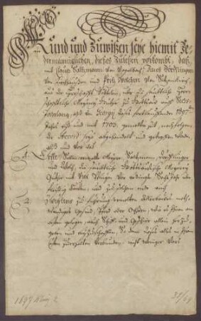 Bestandsbrief über die Gottesauer Meierei zwischen der Landesherrschaft und Hans Salzmann aus Vogelbach, Jakob Dörflinger aus Kirchhausen und Fritz Wolch aus Sitzenkirch.