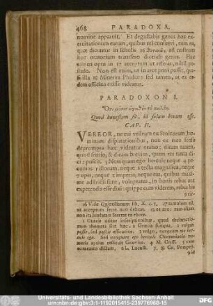 Paradoxon I. [...] Quod honestum sit, id solum bonum esse.