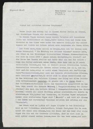 Brief von Sigmund Graff und Susanne Graff an Gerhart Hauptmann