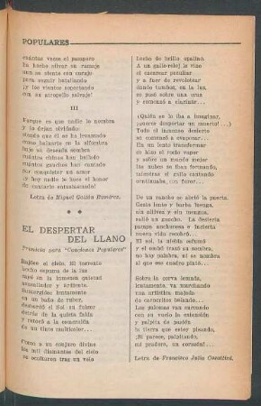 El despertar del llano : Primicia para "Canciones populares"