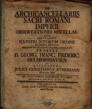 De archicancellariis Sacri Romani Imperii observationes miscellae