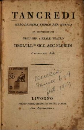 Tancredi : Melodramma eroico per musica