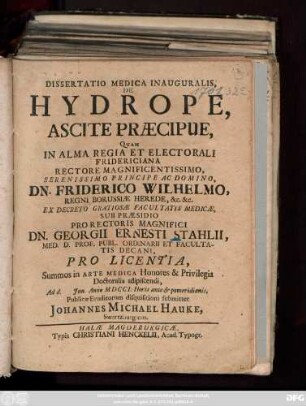 Dissertatio Medica Inauguralis, De Hydrope, Ascite Præcipue