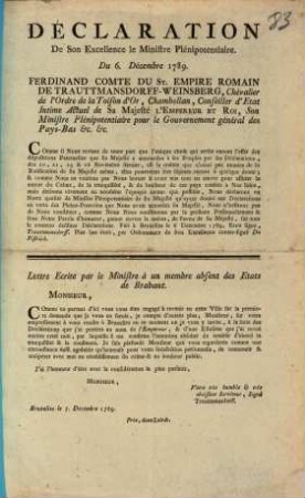 Declaration De Son Excellence Le Ministre Plenipotentaire. Du 6 Decembre 1789