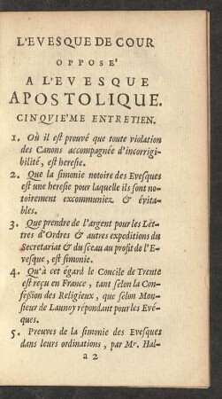 L'Evesque De Cour Opposé A L'Evesque Apostolique. Cinquième Entretien.