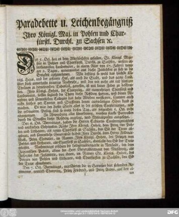 Paradebette u. Leichenbegängniß Ihro Königl. Maj. in Pohlen und Churfürstl. Durchl. zu Sachsen [et]c.
