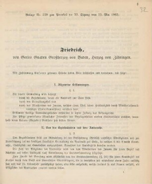 Mit Zustimmung Unserer getreuen Stände haben Wir beschlossen und verordnen, wie folgt: I. Allgemeine Bestimmungen, § 1, Die innere Verwaltung wird besorgt: durch ...