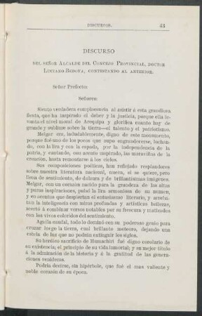 Discurso del señor alcalde del consejo provincial, Doctor Luciano Bedoya, contestando al interior.