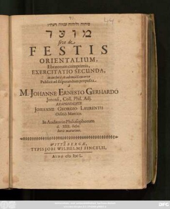 2: [...] sive de Festis Orientalium, Ebraeorum cumprimis, Exercitatio ...
