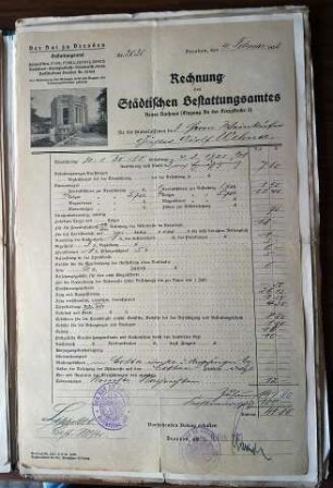 Rechnung des städtischen Bestattungsamtes zu Gustav Adolph Wehner