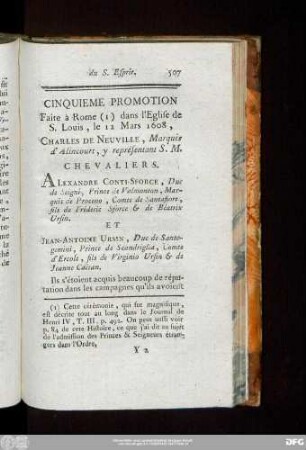 Cinquieme Promotion Faite à Rome (I) dans l'Eglise de S. Louis, le 12 Mars 1608, Charles De Neuville, Marquis d'Alincourt, y représentant S. M.
