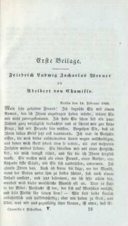 Erste Beilage. Friedrich Ludwig Zacharias Werner an Adelbert von Chamisso