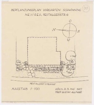 Gartenanlagen und Gärten Wohngebiet Burgfeld, Neviges: Bepflanzungsplan für den Vorgarten Schwinning, Pestalozzistr. 6: Grundriss 1:100