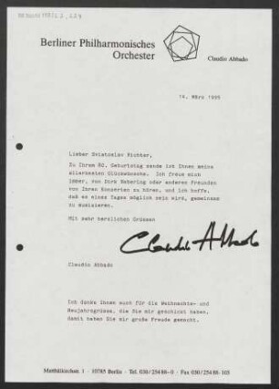 Brief an Svjatoslav Teofilovič Richter, 14.03.1995