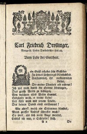 Carl Friedrich Drollinger, Marggräfl. Baden Durchlachischer Hofrath, Vom Lobe der Gottheit.