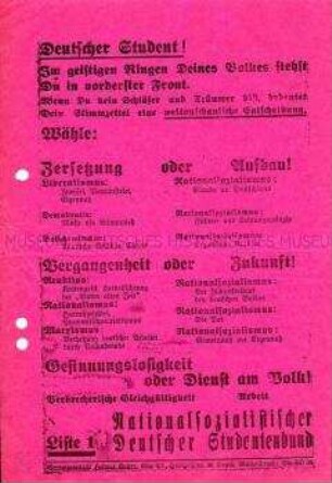 Flugblatt des NS-Studentenbundes mit Wahlpropagabnda für die NSDAP