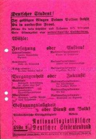 Flugblatt des NS-Studentenbundes mit Wahlpropagabnda für die NSDAP