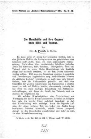 Die Mundhöhle und ihre Organe nach Bibel und Talmud / von J. Preuss