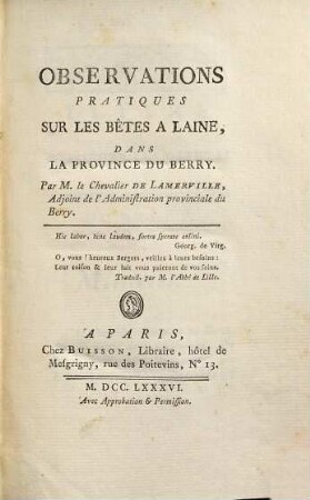 Observations pratiques sur les bêtes à laine, dans la province du Berry