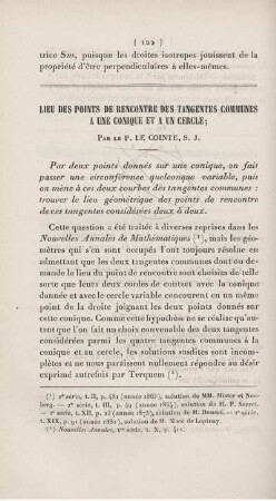 Lieu des points de rencontre des tangents communes a une conique et a un cercle.
