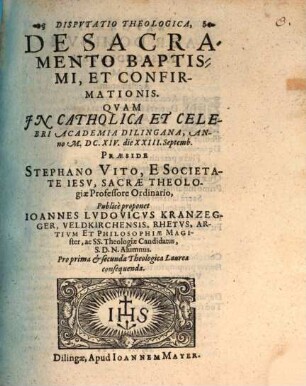 Disp. theol. de sacramento baptismi ...