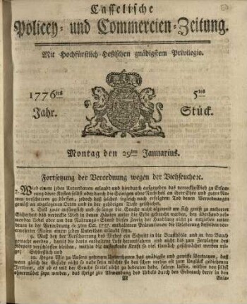 5tes Stueck, Montag den 29ten Januarius 1776