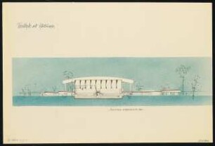 Tennishalle mit Klubräumen, Argentinische Allee, Berlin-Zehlendorf: Nordansicht mit Schnitt durch den Aussenplatz 1.200
