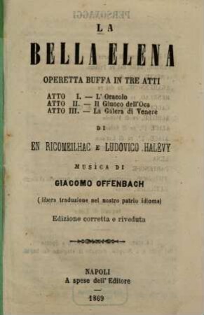La bella Elena : operetta buffa in tre atti