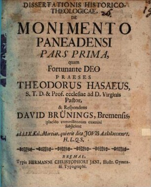 Dissertationis Historico-Theologicae, De Monimento Paneadensi, 1