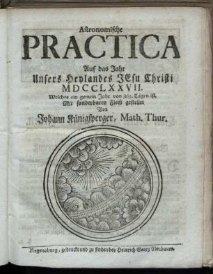 1777: Astronomische Practica auf das Jahr unsers Heylandes Jesu Christi MDCCLXXVII