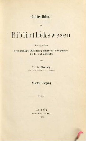 Zentralblatt für Bibliothekswesen. 9. 1892
