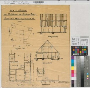 Gemen (Borken) Bauerschaft Wirthe Pachtung Böing Auf- und Durchbau des Vorderhauses Lageplan, Grundrisse, Schnitte 1914 1 : 100/500 53 x 44 Zeichnung Landsberg-Velensches Bauamt Landsberg-Velen